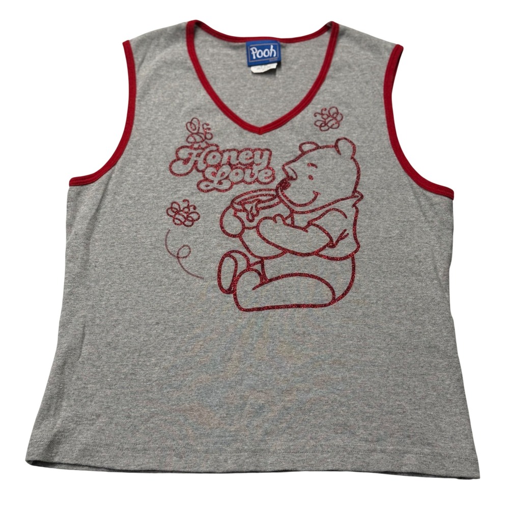Vintage Disney Pooh Honey Love Glitter Tank Top Gray Red XL Jerry Leigh AT0787